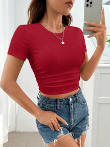 SHEIN EZwear 純色側褶短袖t恤 - 玫瑰紅 - 查看 3