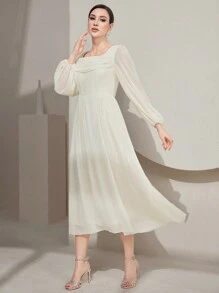 Modelyn Women'S Solid Color Lantern Sleeve Square Neck Dress Long Evening Dresses Fall Cloth For Women - Apricot - View 3