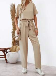 SHEIN LUNE Của phụ nữ Chải Cổ chữ V Batwing Ngắn tay Áo liền quần - Màu be - Xem 5