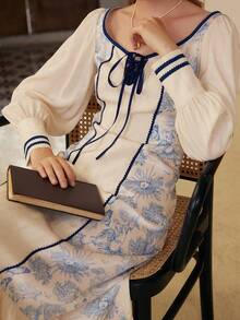 Simple Retro Polyester Printed Puff Sleeve Square Sleeve Long Dress - Blue - View 4