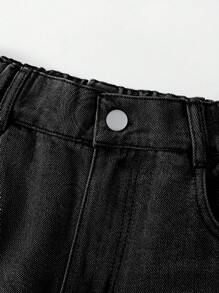 Vaqueros De Pierna Recta Desgastados Con Estampado De Emoji De Moda Urbana Para Niñas Tween - Negro - Ver 3