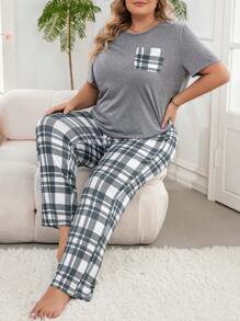 大尺碼格紋短袖t恤和長褲睡衣套裝 - 深灰色 - 查看 1