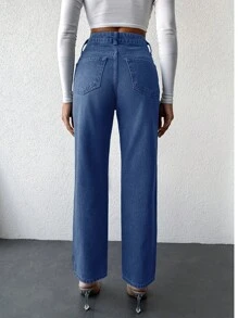 EURMUSE 高腰直筒牛仔褲 - 深色水洗藍 - 查看 2