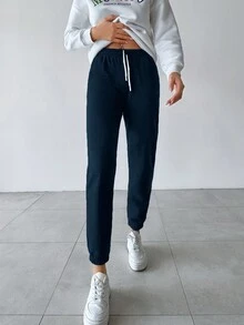 EURMUSE Quý cô Màu thuần Eo dây rút Quần thể thao - Màu xanh hải quân - Xem 4