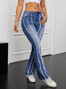 SHEIN ICON Women's Frayed Flared Denim Pants - Blue - View 3