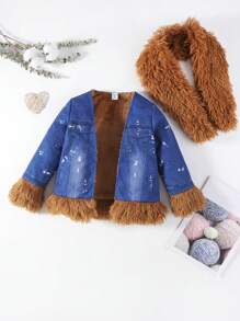 SHEIN Áo khoác thời trang và hợp thời trang cho bé gái, có thêm lớp cách nhiệt và cổ lông lớn có thể tháo rời để giữ ấm - Màu xanh lam - Xem 6