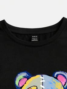SHEIN EZwear Của phụ nữ In Gấu Áo thun - màu đen - Xem 5