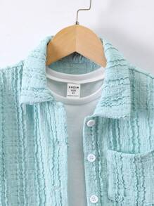 SHEIN 兒童男孩紋理短袖襯衫和短褲套裝 - 綠色 - 查看 3