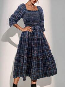 Chiquease Women's Plaid Puff Sleeve Dress - Blue - View 1