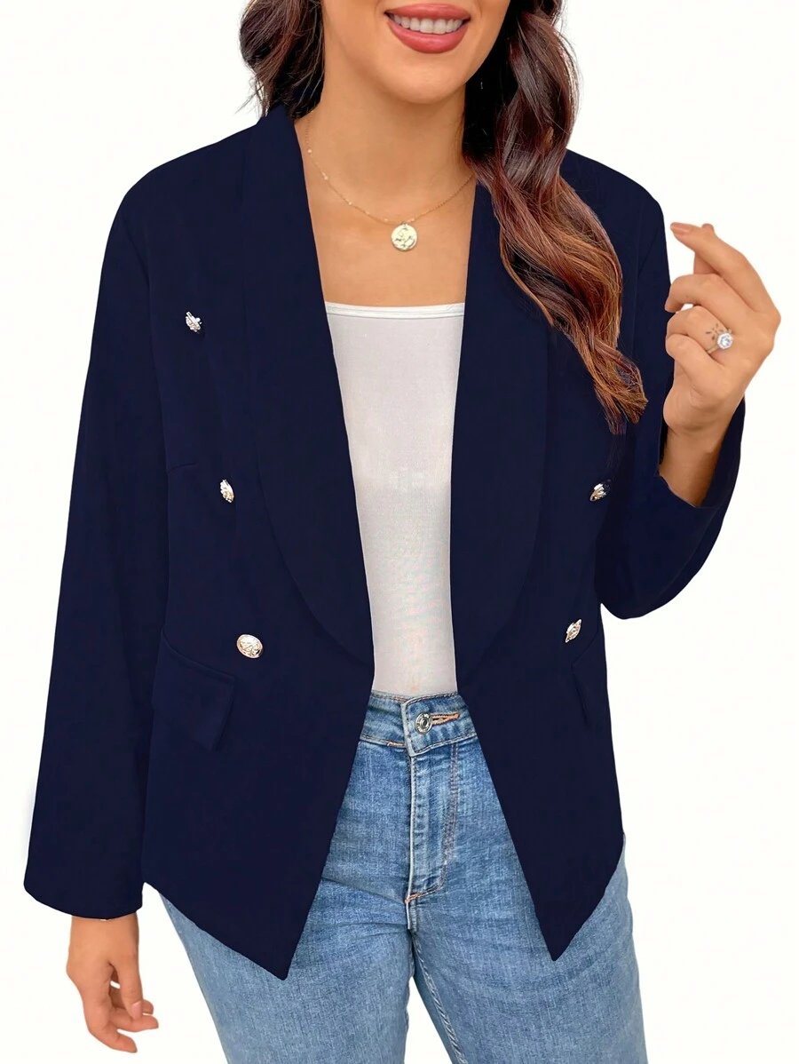 Celure Talla grande Blazer unicolor de doble botonadura - Azul Marino - Ver 1