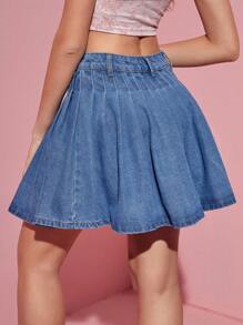 SHEIN MOD Women's Solid Color Pleated Denim Skirt - Dark Wash - View 2
