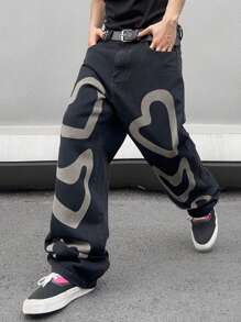 Manfinity EMRG Jeans De Hombre Con Estampado De Corazones - Negro - Ver 3