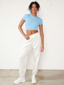 SHEIN BASICS Women's Round Neck Cropped T-Shirt - Baby Blue - View 7