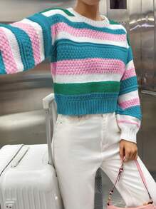 EMERY ROSE 女款條紋下垂肩長袖套頭毛衣