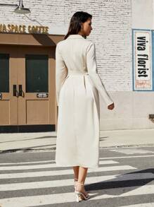 SHEIN Privé Solid Color Turn-Down Collar Long Sleeve Dress - Beige - View 2