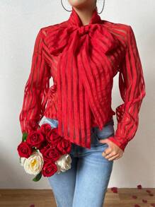 SHEIN Privé Turtleneck Sheer Shirt With Big Bowknot & Tie Up Design, Elegant Style - Red - View 4