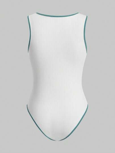 Kawaii Letter & Football Embroidery Color Block Notch Collar Sleeveless Bodysuit With Contrast Trim