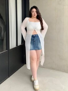 Dazy Plus Blusa de manga larga con abertura delantera de encaje para mujer de talla grande - Albaricoque - Ver 3
