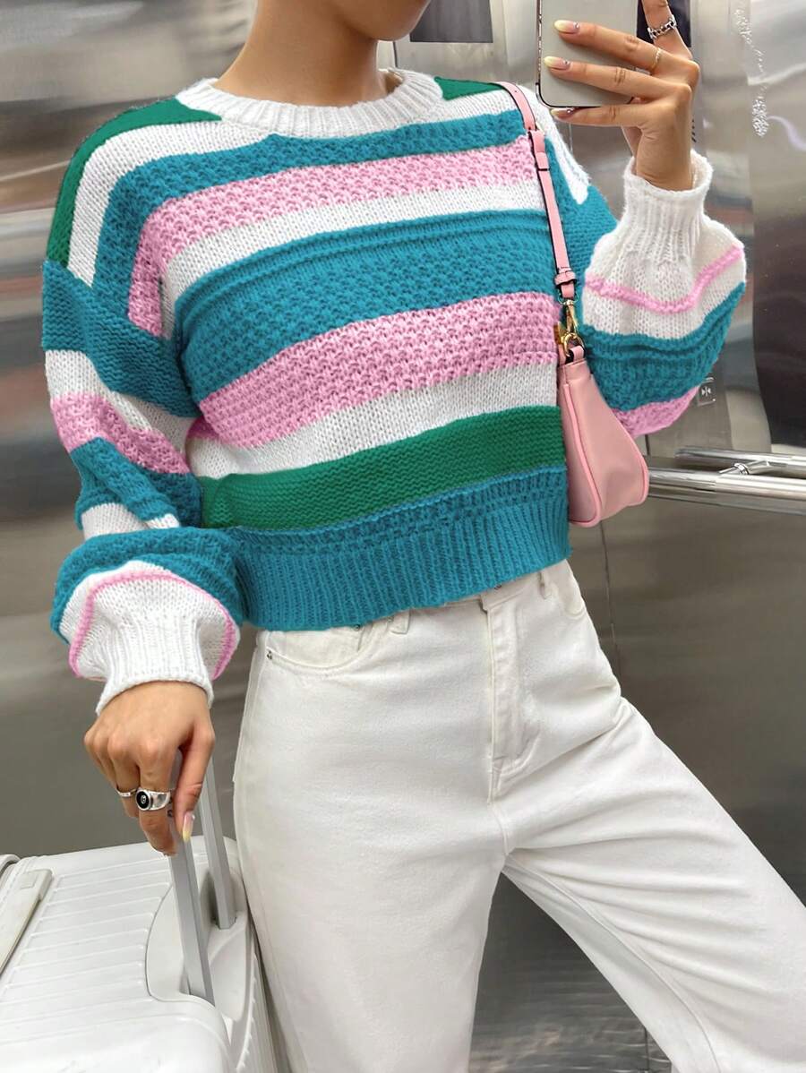 EMERY ROSE 女款條紋下垂肩長袖套頭毛衣