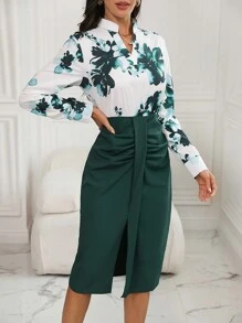 SHEIN Clasi Women's Floral Printed Splicing Notched Neckline Pleated Front Slit Dress - Green - View 3