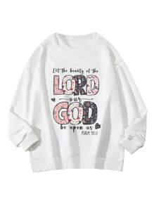 女式花卉和標語印花圓領毛衣 - 白色 - 查看 3