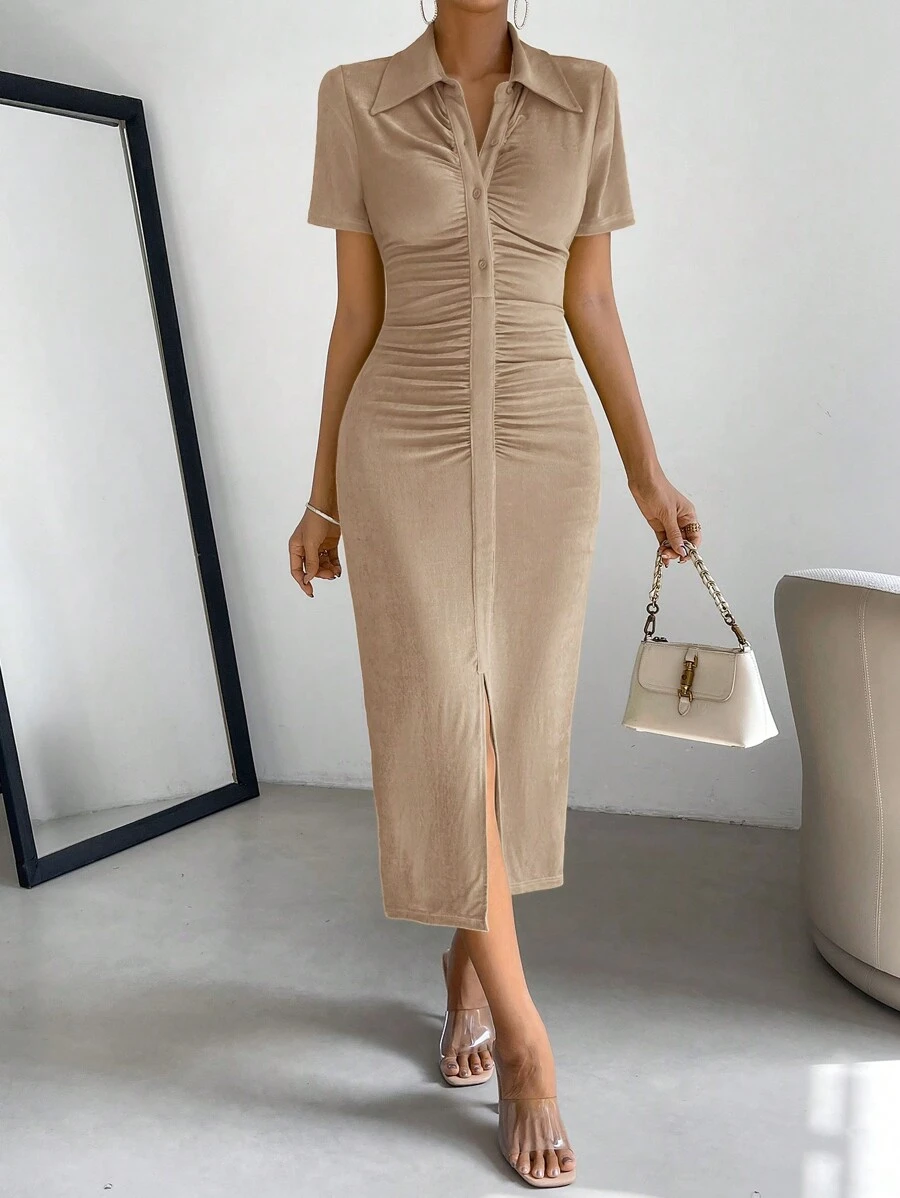 SHEIN Essnce Vestido Cruzado Con Abertura Alta Y Cuello Plisado Para Mujer - Albaricoque - Ver 1