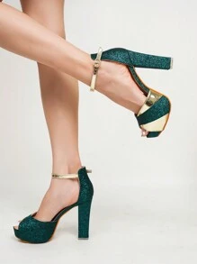 Women's Platform Chunky Heel Waterproof Dress Sandals With Metallic Decoration, Elegant