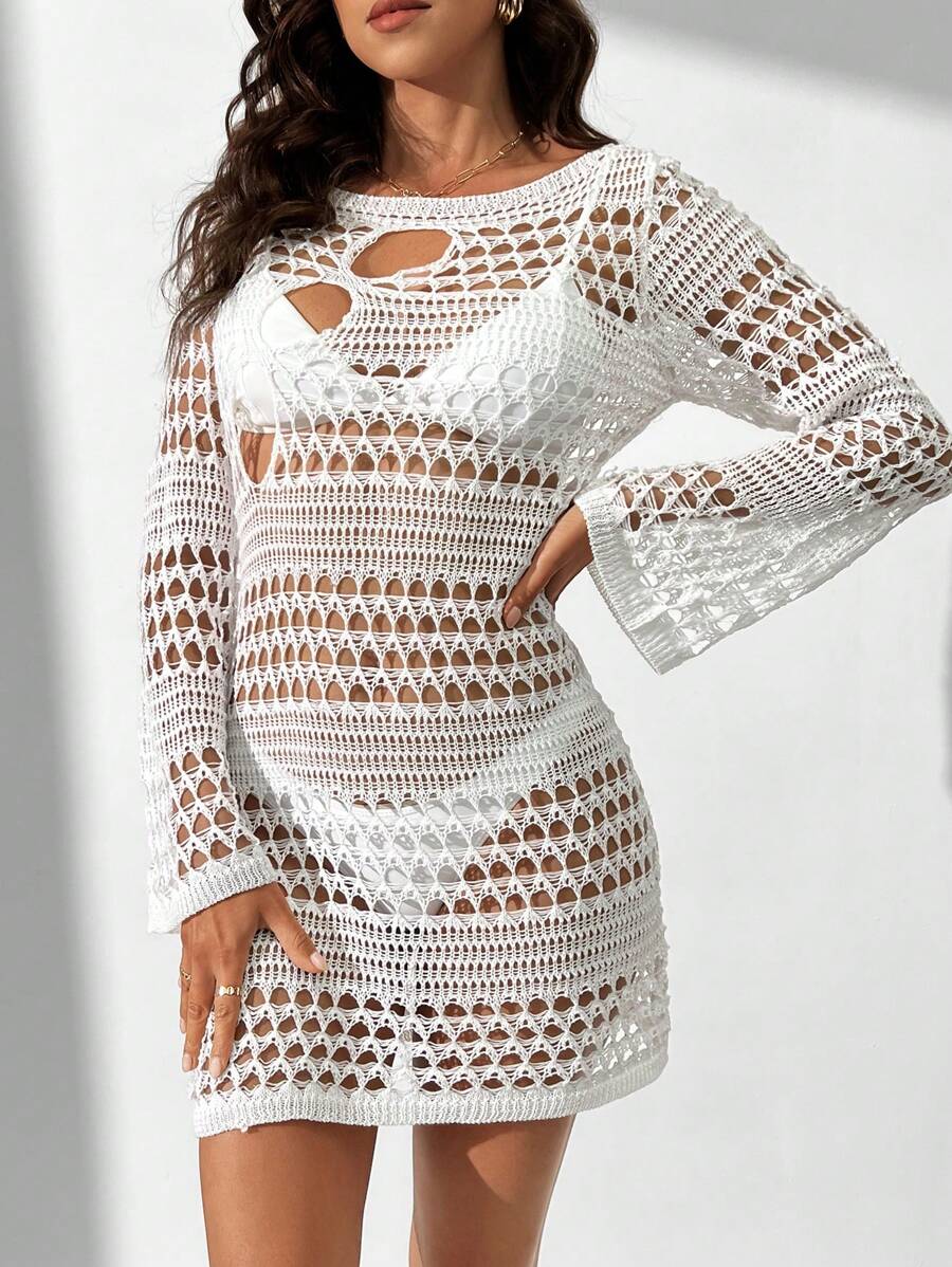 Breezaya Women's Casual Hollow Out Cover Up Style Dress Fall Cloth For Women - White - View 1