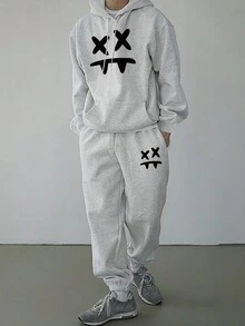 Manfinity Hypemode Men's Fun Print Hooded Sweatshirt And Sweatpants Two Piece Set - Light Grey - View 1