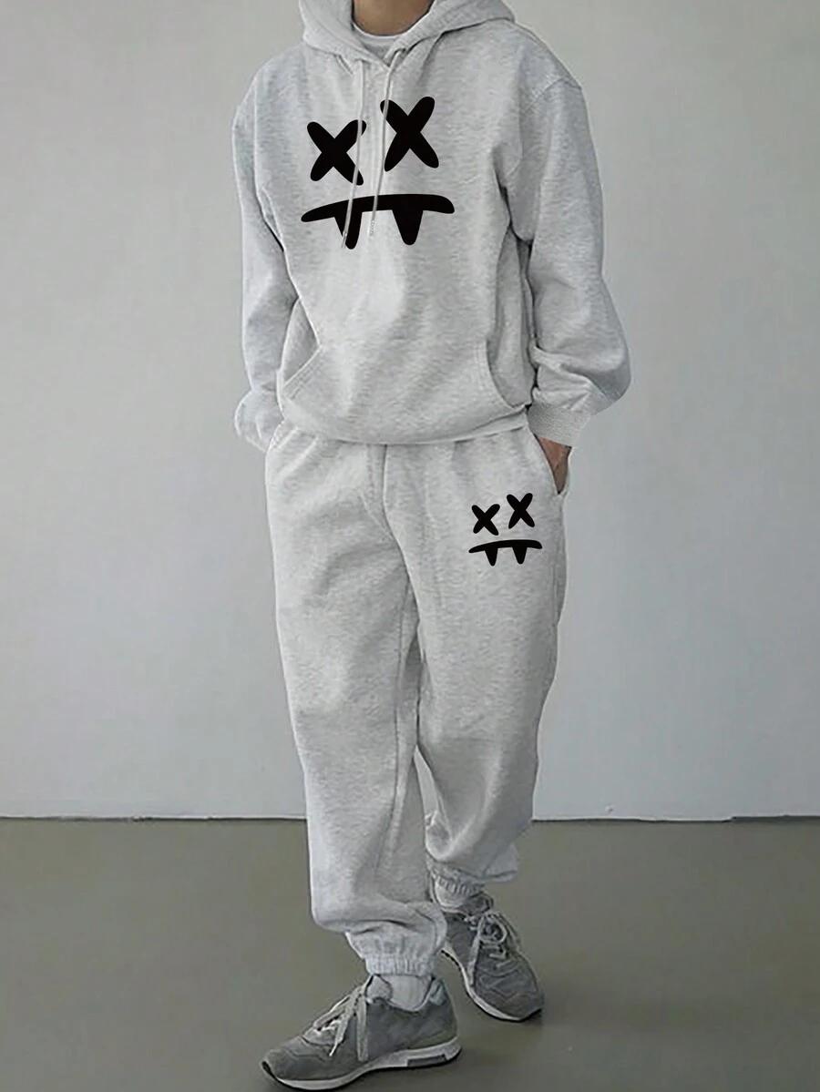 Manfinity Hypemode Men's Fun Print Hooded Sweatshirt And Sweatpants Two Piece Set - Light Grey - View 1