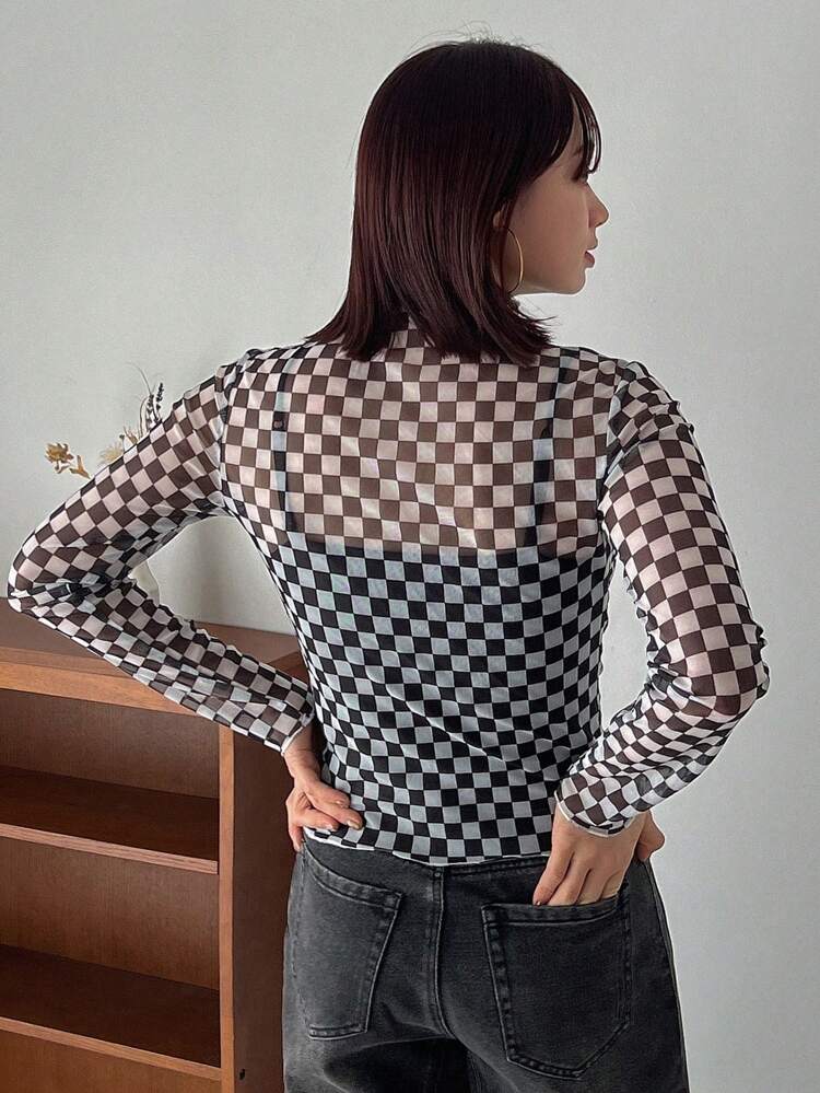 Women's Stand Collar Plaid Pattern T-Shirt Sheer Long Sleeve Women Tops,Fall Women Clothes