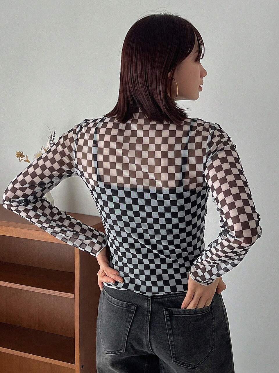 Women's Stand Collar Plaid Pattern T-Shirt Sheer Long Sleeve Women Tops,Fall Women Clothes