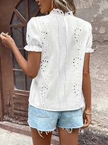 SHEIN LUNE Women'S Stand Collar Short Puff Sleeve Embroidered Shirt - White - View 2