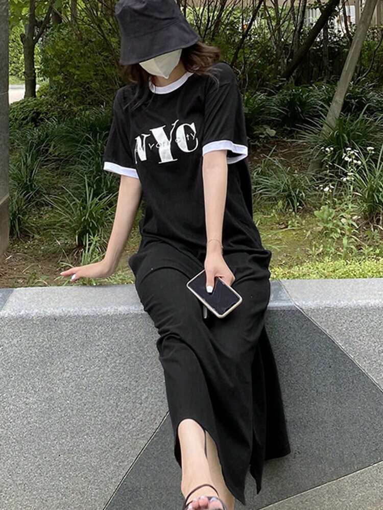Women'S Loose Fit Midi Length Letter Printed Casual Dress Summer Sundress