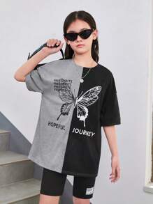 SHEIN T-shirt À Col Rond Et Manches Courtes Tricoté Avec Slogan De Style De Rue Pour Les Préadolescentes, Impression De Papillon, Patchwork, Printemps / Été - Noir - Voir 5