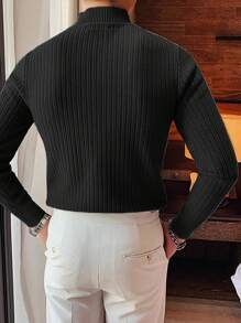 男士休閒立領紋理細節長袖毛衣 - 黑色 - 查看 2