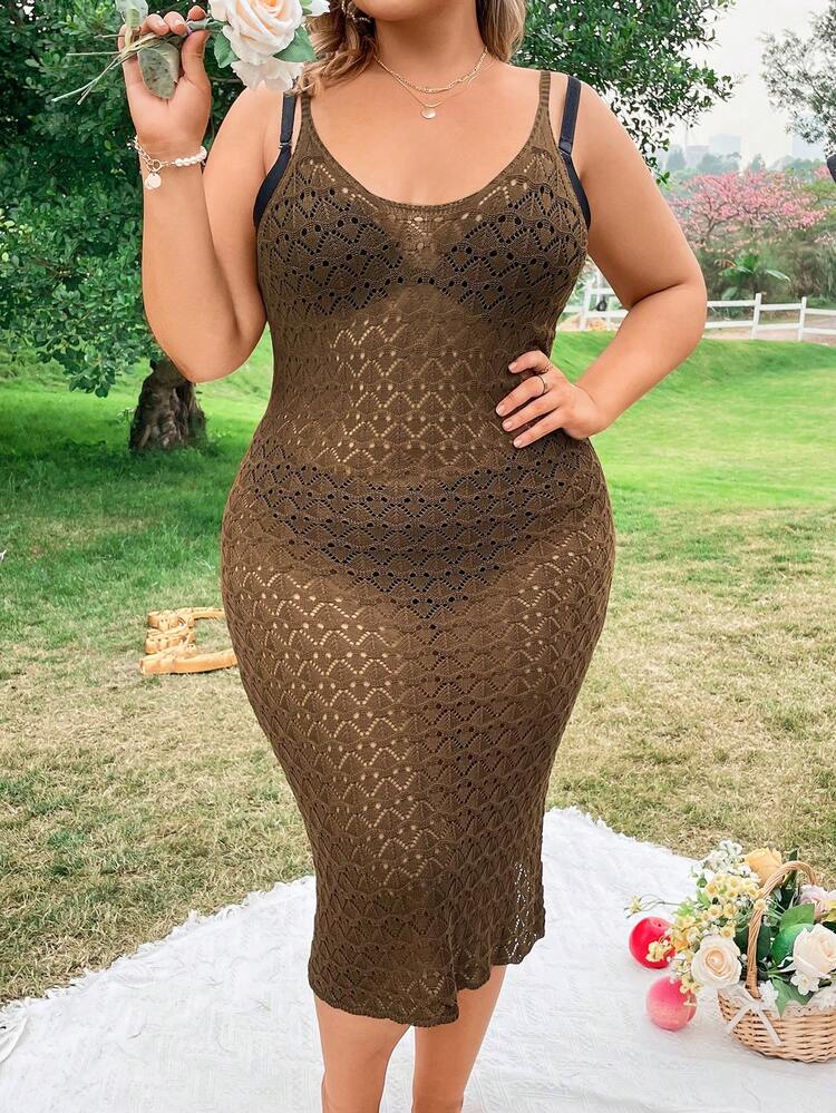 Plus Size Summer Beach Hollow Out Knitted Cami Dress