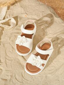 夏季新女孩韓式公主花朵涼鞋防滑軟底幼兒健走鞋平跟 - 白色 - 查看 1