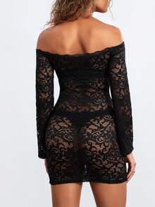 Off Shoulder Red Lace Dress, Popular Online - Black - View 3