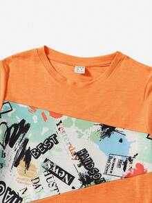 SHEIN Tween 男孩舒適塗鴉印花短袖 T 恤和短褲套裝 - 橘色 - 查看 3