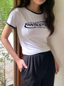 DAZY Của phụ nữ Vòng cổ Slogan In Áo thun - trắng - Xem 1