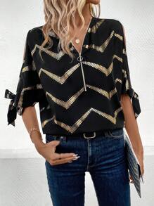 SHEIN Clasi Women's Gold Striped Zipper Half-Placket Shirt - Black - View 4