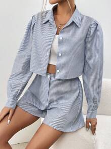 SHEIN Essnce 女性條紋襯衫+短褲兩件套,商務裝