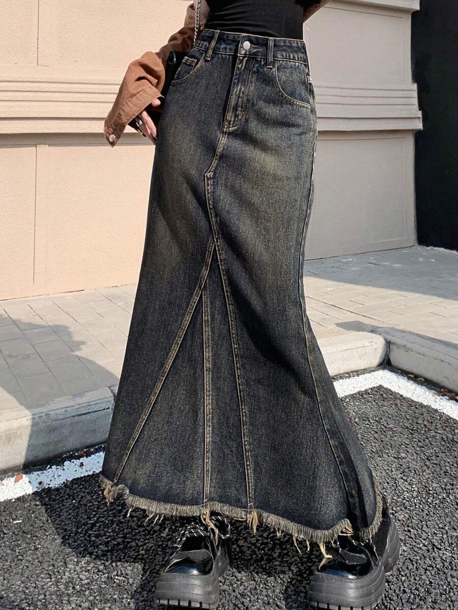 DAZY 牛仔A字裙，毛边下摆 - 藍色 - 查看 1