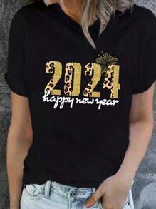 SHEIN EZwear Women's 2024 Happy New Year Printed Short Sleeve T-Shirt - Black - View 1