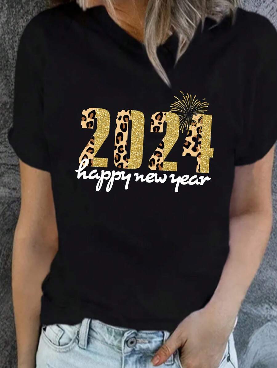 SHEIN EZwear Women's 2024 Happy New Year Printed Short Sleeve T-Shirt - Black - View 1