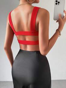 Chiquease Women's Asymmetrical Hem Knitted Cami Top With Adjustable Straps - Red - View 2