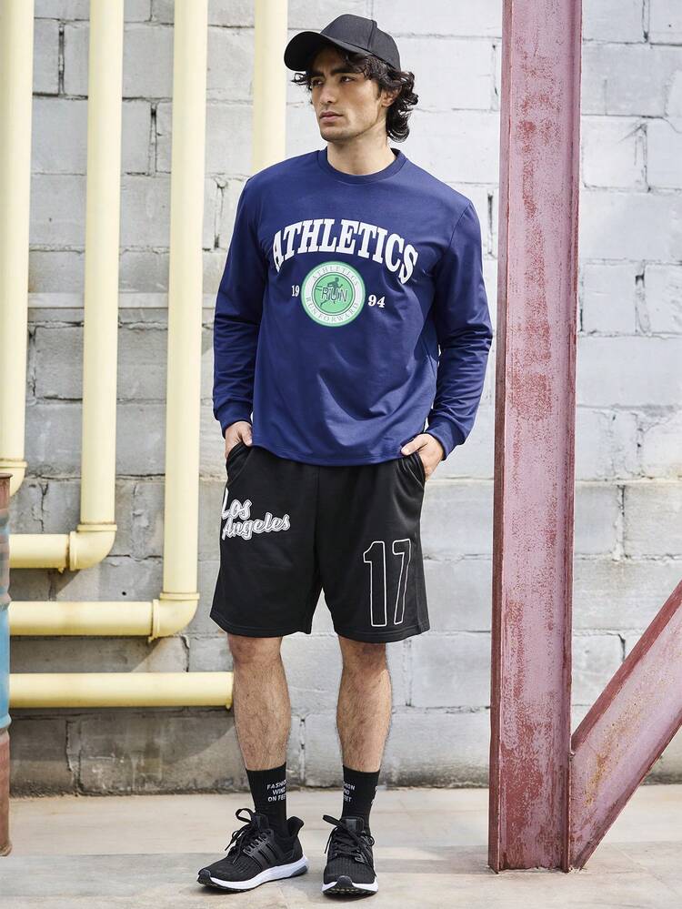 Boyfriend Style Men's Sports Long Sleeve Shirt With Letter Printing Workout Tops