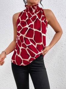 SHEIN Essnce Áo sơ mi nữ cổ đứng không tay xếp ly thường ngày - Đỏ - Xem 5