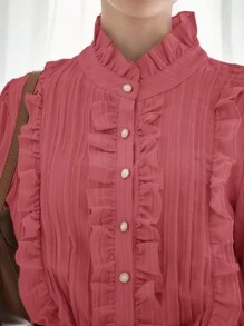 GENKIRA Elegant Eenkleurig Blouse Rimpeling Voorpand met Knoopjes - Roze - Bekijken 7